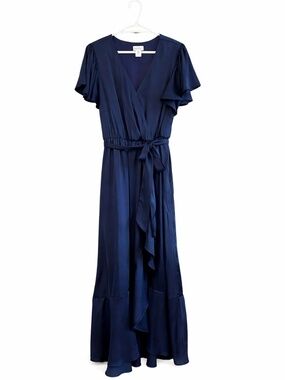 Nicole Miller Royal Navy Satin Flutter Wrap Midi Dress Ruffle Hem – Size XL EUC